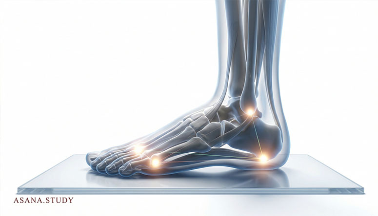 Анатомическая схема стопы: три точки опоры при пада-бандхе для правильного баланса в асанах.