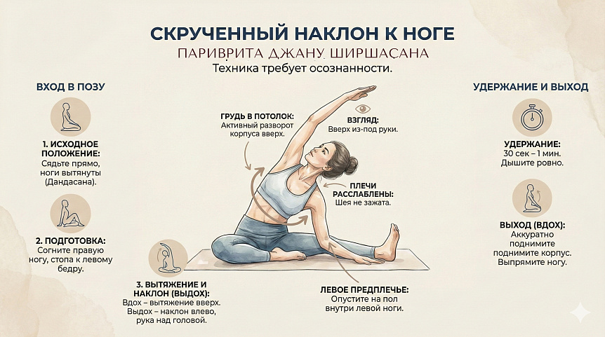 Инфографика отстройки Паривритта Джану Ширшасана: скрученный наклон к ноге с акцентом на разворот груди для йоги